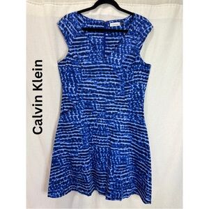 Calvin Klein Blue Print Fit Flare V Neck Sleeveless Career Dress Size 14